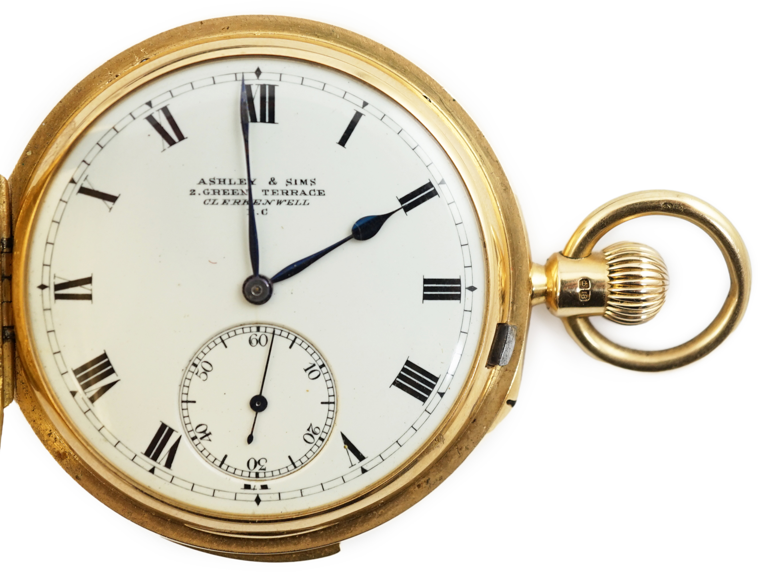 A George V 18ct gold hunter minute repeating lever pocket watch, by Ashley & Sims of Clerkenwell